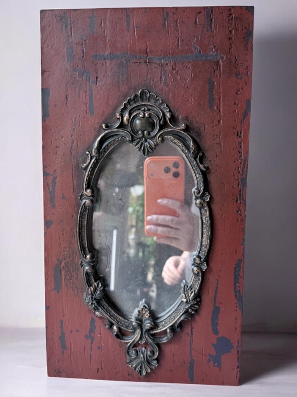 Vintage Red Distressed Wall Mirror with Ornate Frame